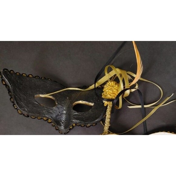 Gold & Black Handheld Masquerade Halloween Mask Ribbon Venetian Mardi Gras Party - Picture 2 of 2
